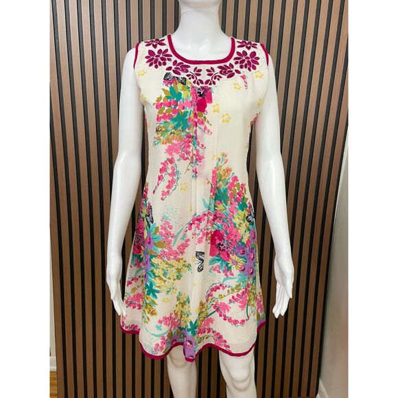 VIVIEN Women's Dress Fit&Flare Mini Pleated Round Neck Embroidery M White Floral - Picture 1 of 7
